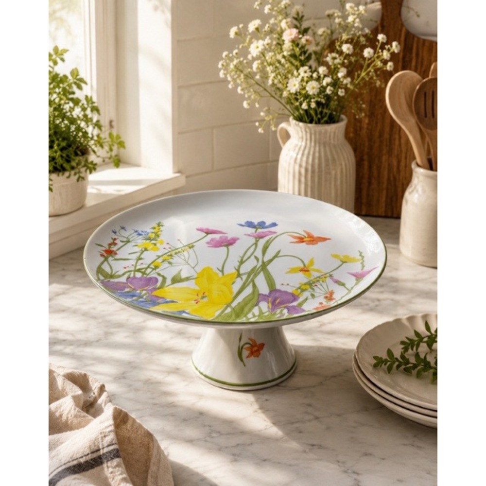 Seymour Mann Day Lily Fine China Pedestal Cake Stand Floral Wildflower White